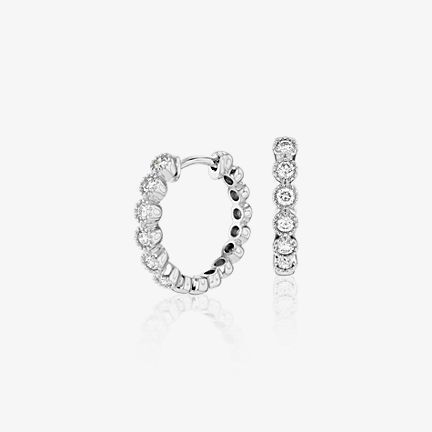 Petite Diamond Milgrain Hoop Earrings in 14k White Gold 1/4 ct total weight diamond
